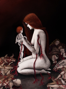 Surreal painting of a nude, red-haired woman kneeling, with red cords attached to her skin and a small doll she holds, surrounded by scattered figures and dolls connected by cords in a dark background.
