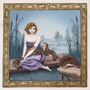 Woman in a purple dress sits on a log by a calm river, surrounded by playful otters.",