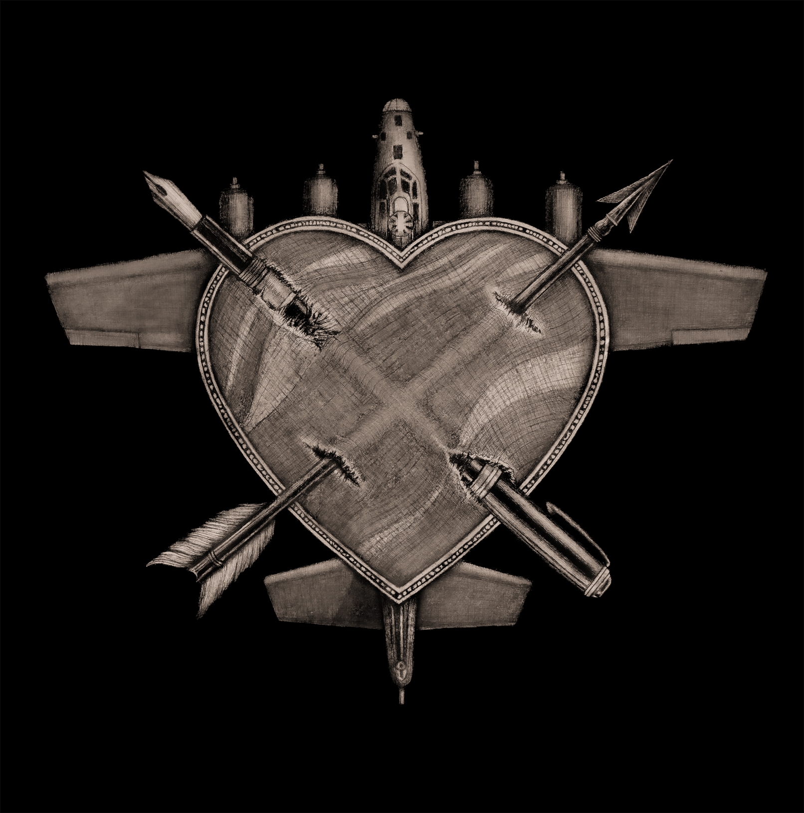 Decorative heraldic shield with a crossed pencil and arrow against a black background, in a sketchy beige style.
