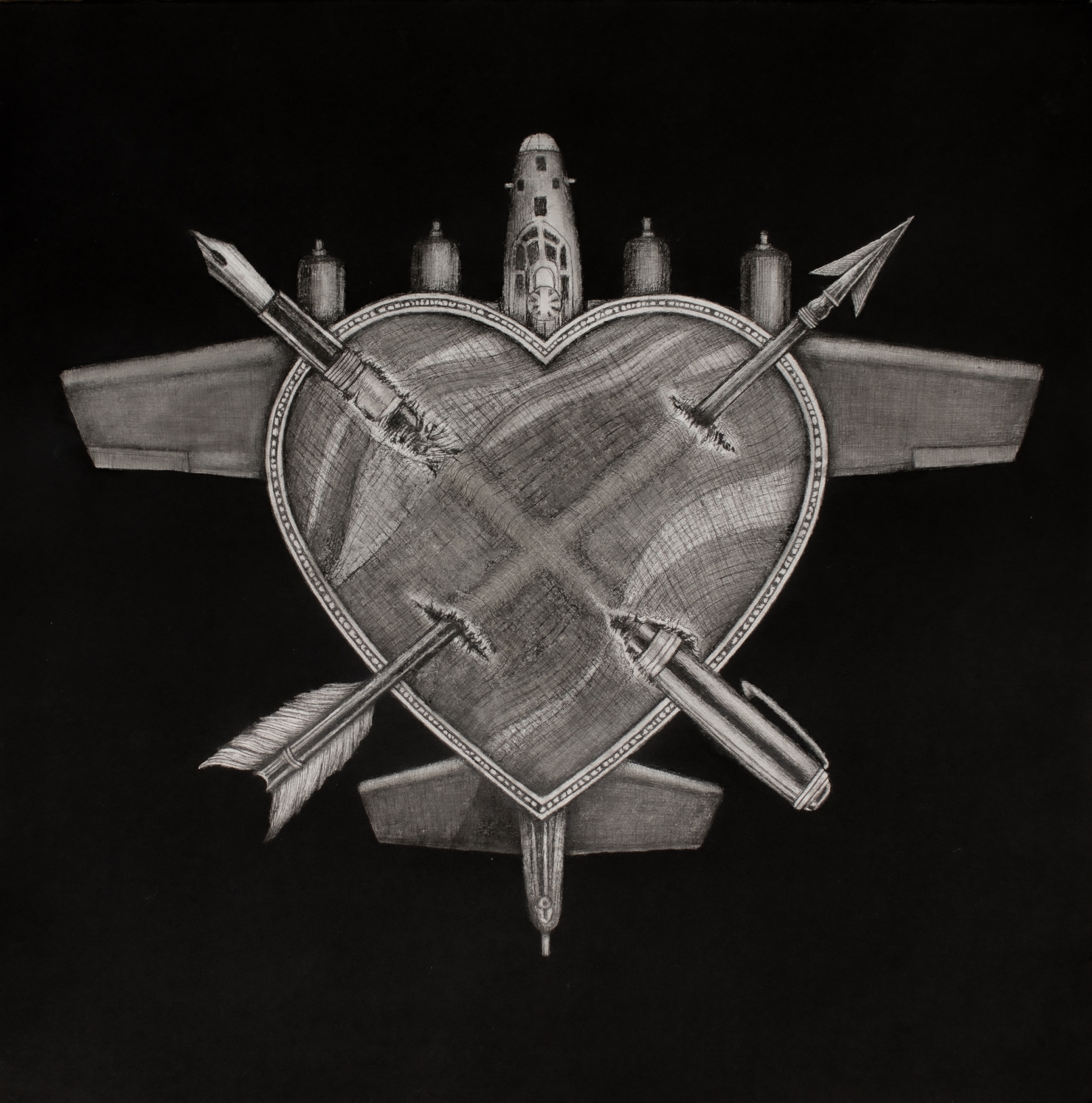Chalk drawing on black of a round shield with a tall central tower and small domed shapes above, crossed pencils behind the shield