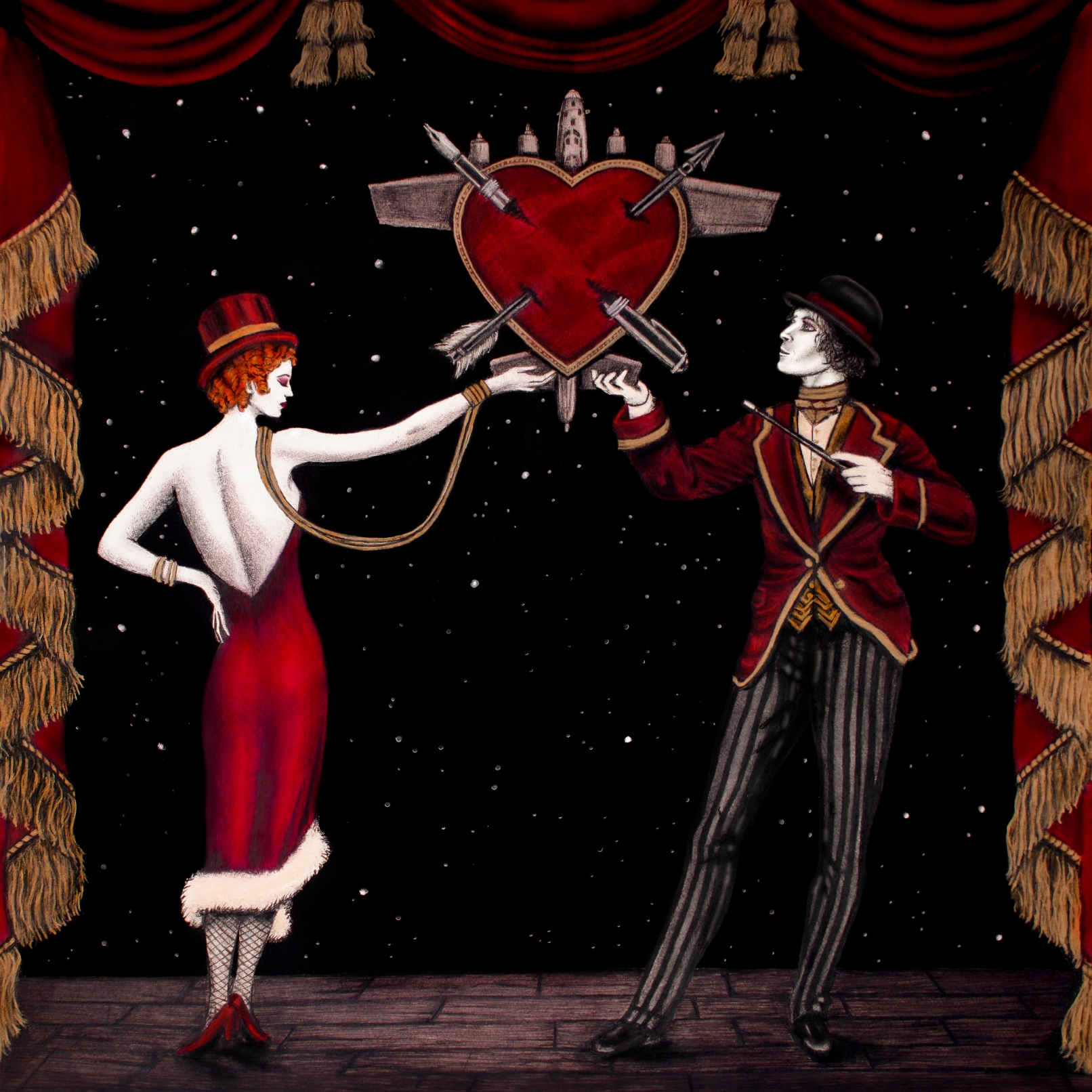 Theatrical scene with a man in a hat and red suit and a woman in a red gown dancing on a dark stage, a red heart with arrows centered behind them.