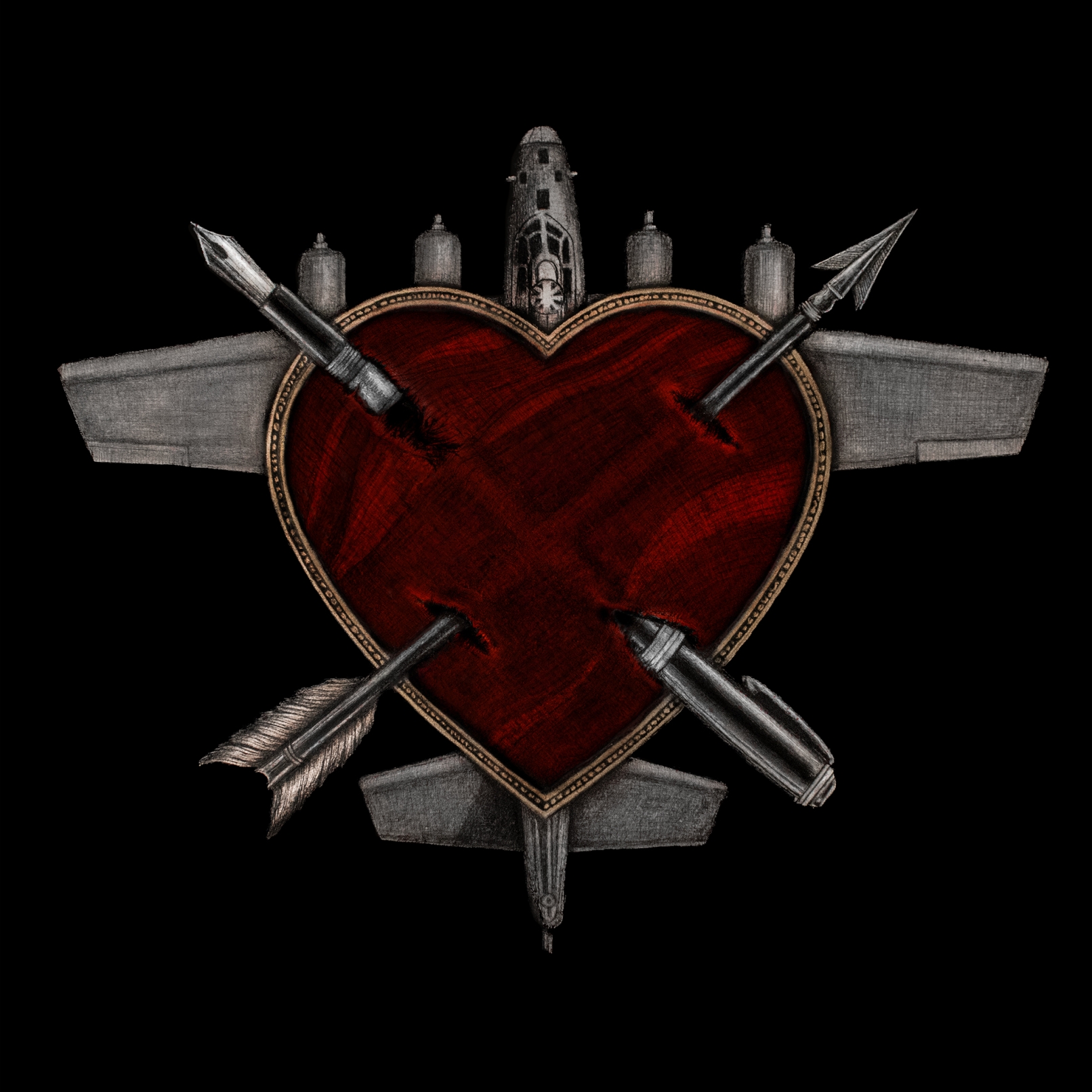 Red heart shield with gold trim, set against a black background, crossed arrows behind it in a medieval emblem style.”] ,