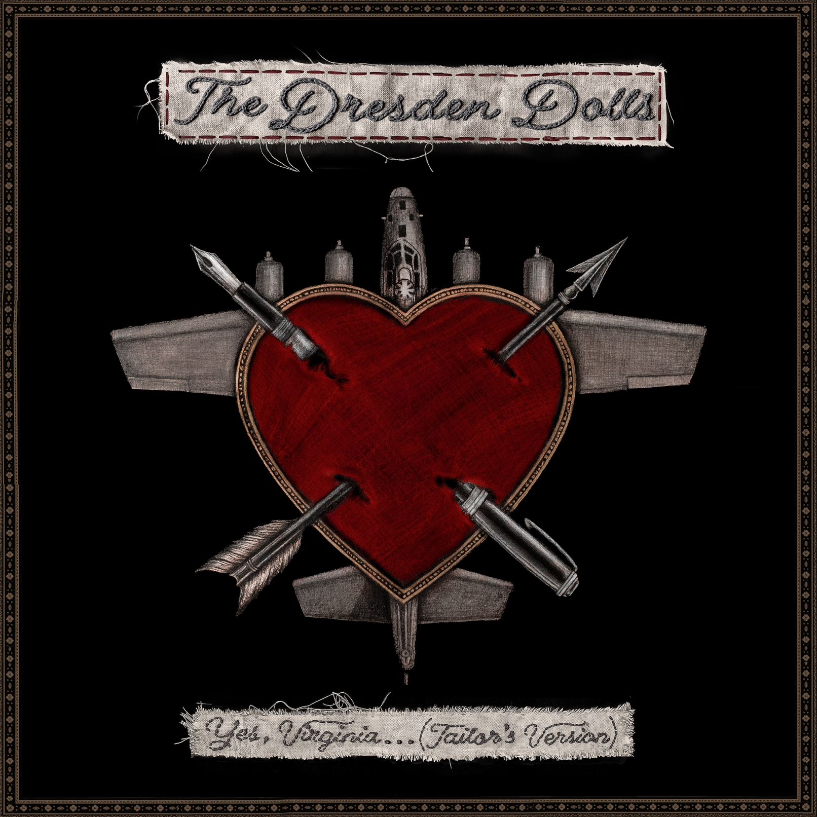 Embroidered fabric banner reading 'The Dr(e)ade... Dolls' above a red heart pierced by spears, on a black decorative frame backdrop.