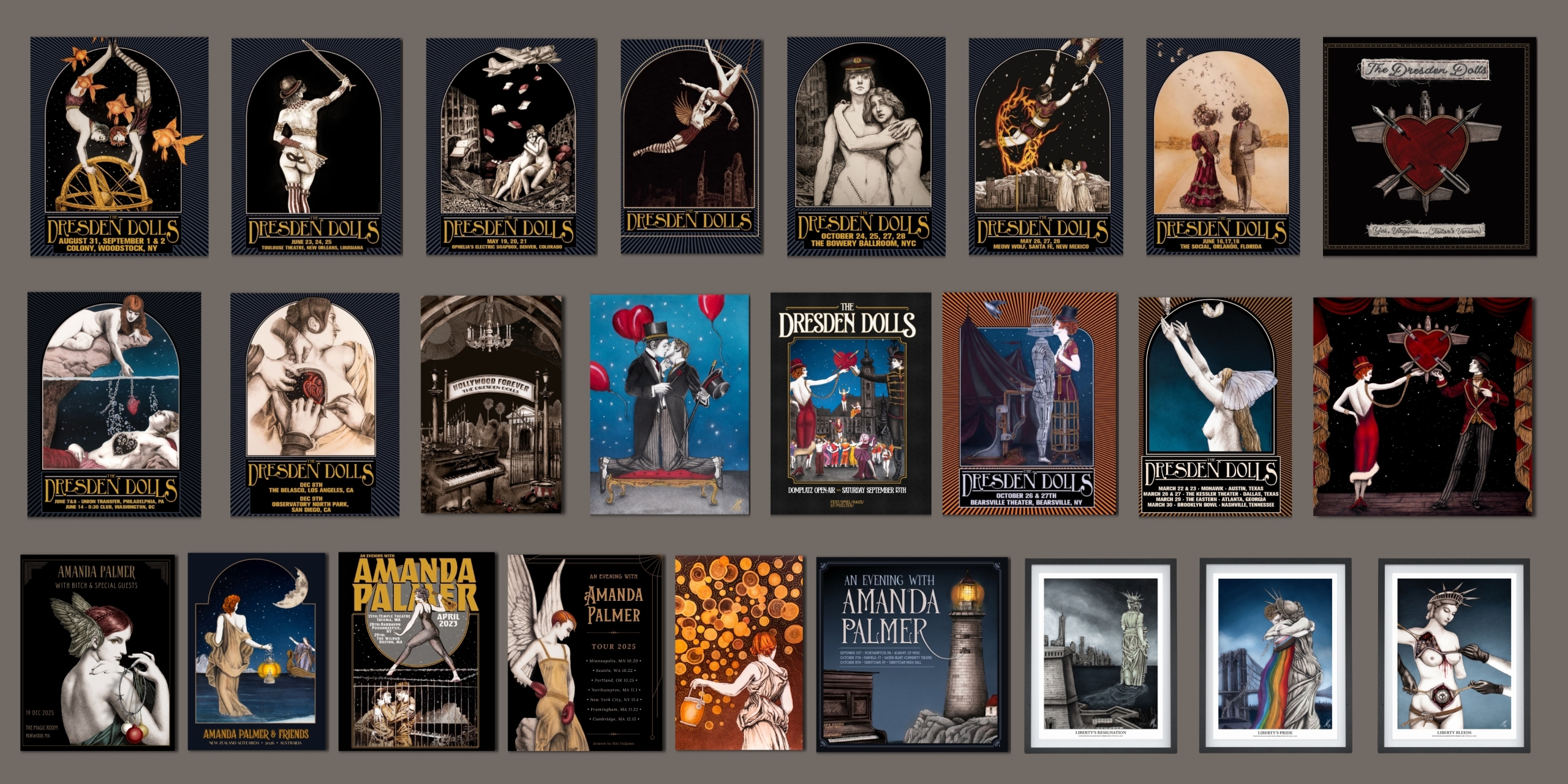 Collage of Dresden Dolls promotional posters for concerts, featuring vintage-style art and dark blue borders.