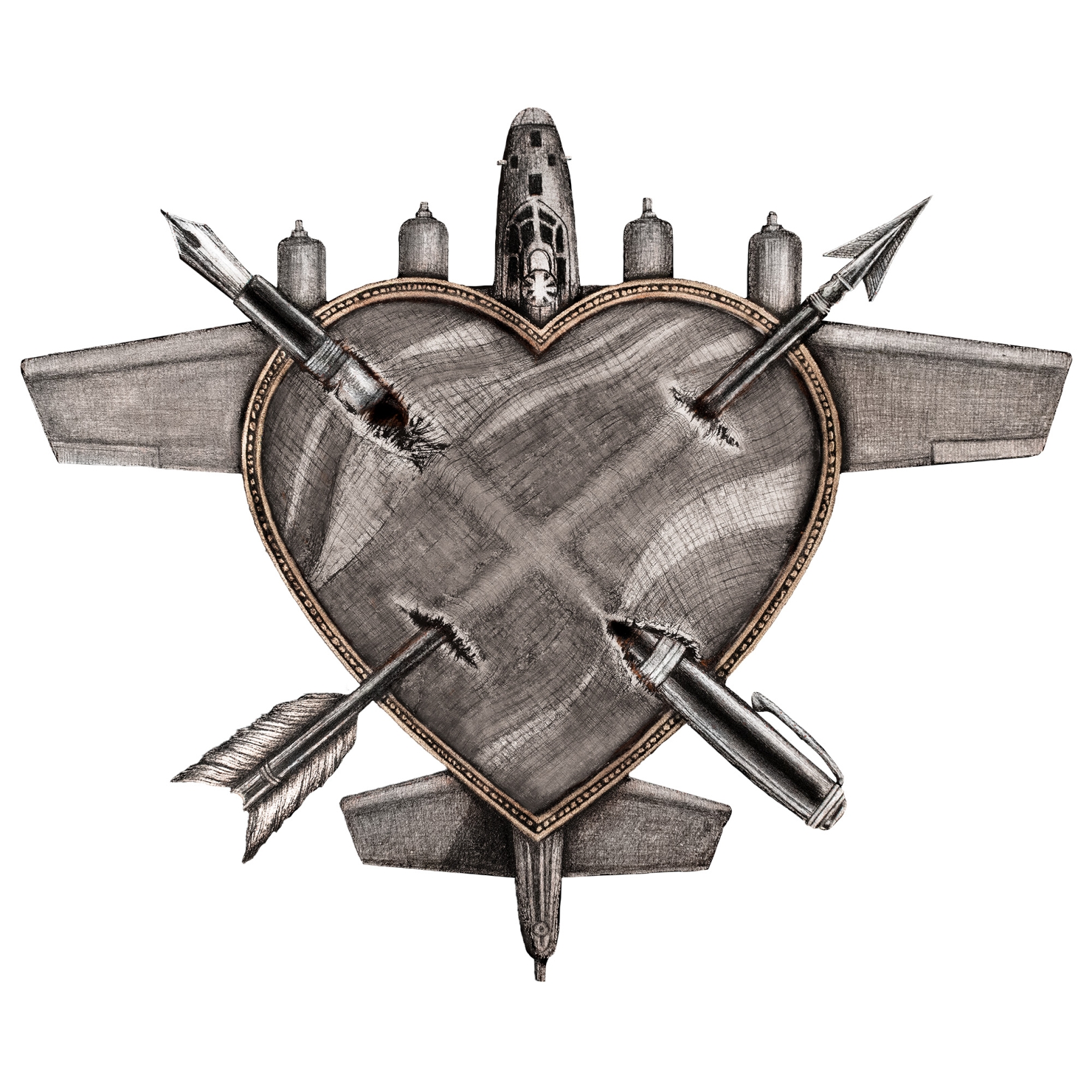 Heraldic shield at center with two crossed spears behind and a tall central tower motif above it.